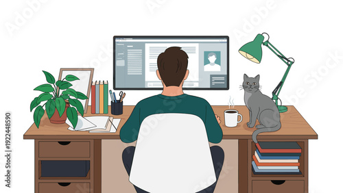 Productive workspace from a back view shows a man working on a computer at his desk with a pet cat and house plants nearby for comfort.