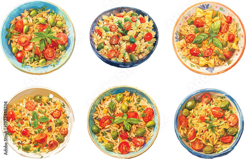 Watercolor Pasta Salad Clipart Set, Hand Painted Italian Food Bowls with Cherry Tomatoes Olives and Basil, Gourmet Mediterranean Cuisine Illustration for Restaurant Menu and Branding