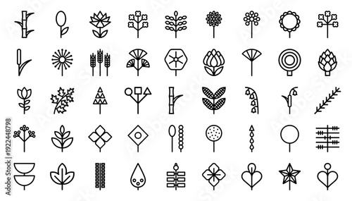 Abstract botanical line art icons featuring geometric floral patterns and organic nature symbols. Professional monoline elements for ecological branding and sustainable design projects.