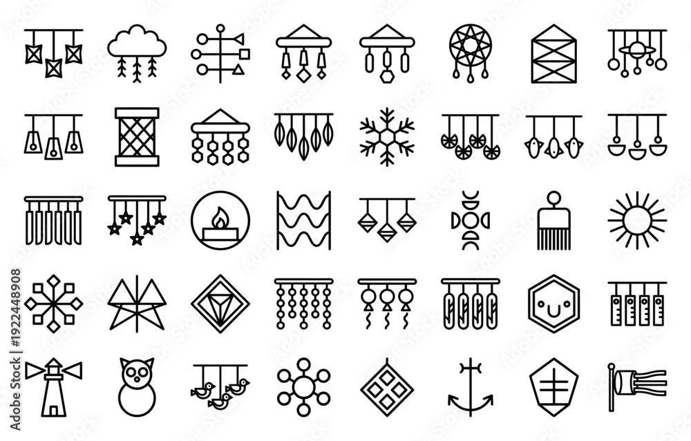 Fototapeta premium Bohemian decorative elements and celestial charms in a technical monoline style. Minimalist line art icons featuring wind chimes, dreamcatchers, and mystical hanging ornaments.