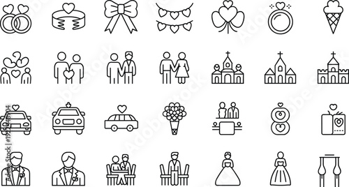 Collection of thirty stylized wedding and romance icons, symbolizing rings, couples, ceremony, attire, decorations, and love celebration themes