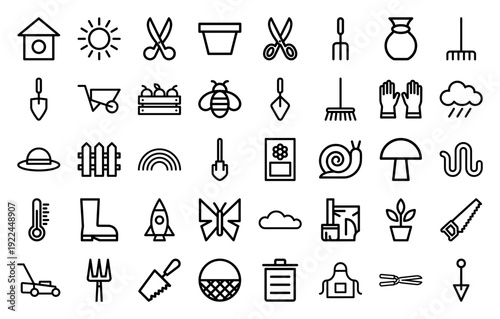 Gardening and landscaping outline icons featuring horticultural tools and backyard maintenance elements. Professional monoline pictograms for agricultural branding and outdoor lifestyle design.