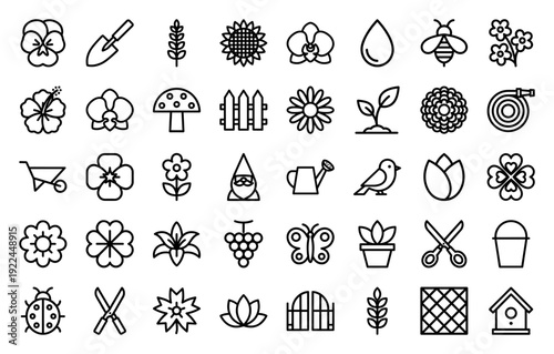 Garden and horticulture line icons for landscaping design and botanical branding. Professional monoline pictograms featuring floral, tools, and nature elements.