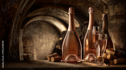 A still life of champagne bottles and glasses in a wine cellar with corks scattered around