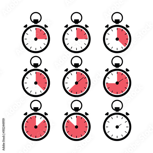 Nine stopwatches displaying varied time intervals in a minimalist grid layout