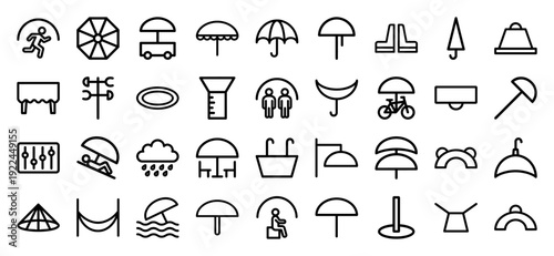 Weather protection and outdoor shelter monoline icons. Technical line art symbols for umbrellas, rain gear, beach shade, and public infrastructure.