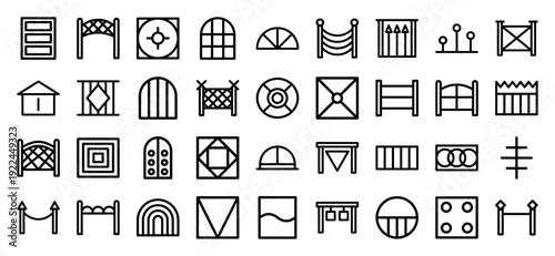 Architectural fencing and gate systems monoline icons. Minimalist geometric boundary elements for landscape design, urban planning, and security infrastructure diagrams.