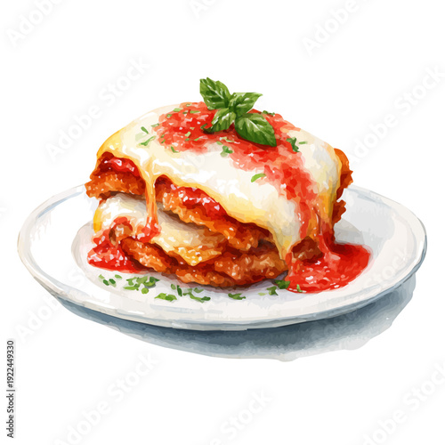 Watercolor painting of Chicken Parmigiana, vector illustration, isolated on white background.