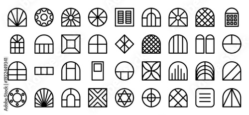 Architectural window frames and diverse glazing patterns in a technical monoline style. Professional geometric line art featuring gothic, arched, and circular structural outlines.