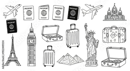 Collection of Travel Icons and Landmarks.