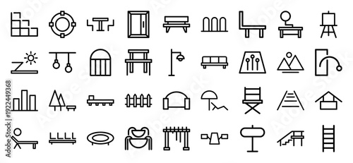 Outdoor furniture and urban planning monoline elements for landscape design. Professional geometric pictograms featuring park benches, street lamps, and playground equipment.