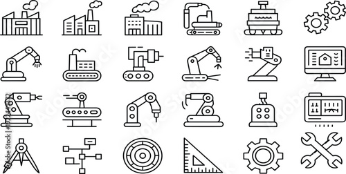 Collection of twenty-five stylized industrial automation icons, symbolizing factories, robotics, gears, engineering tools, flowcharts, and manufacturing processes