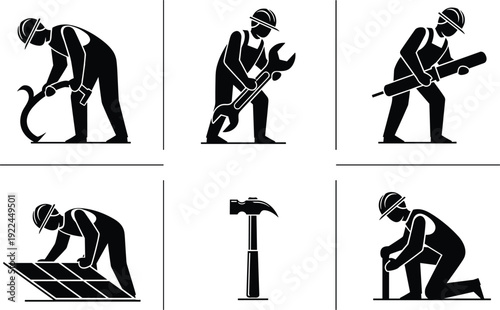 Construction worker silhouette set with hard hat and safety gear, industrial manual labor icons for building repair and engineering projects,