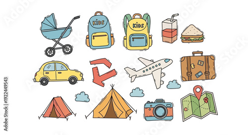 Travel Accessories and Camping Gear Icons Set.