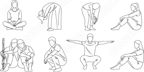 Diverse group of professional men and women in various expressive sitting crouching and stretching poses minimalist line art style for lifestyle and mental health concepts.