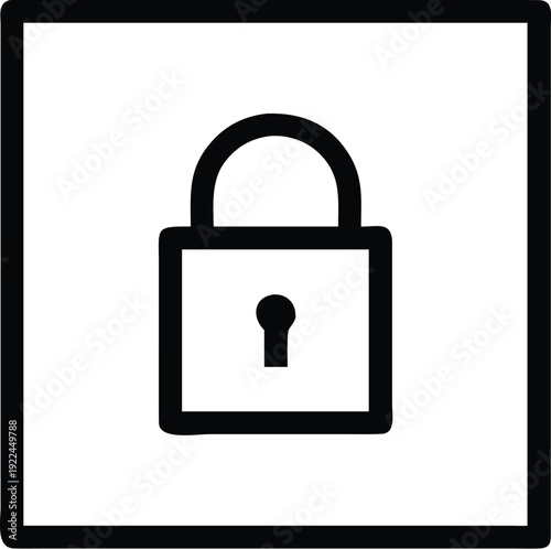A black and white illustration of a padlock inside a square frame.