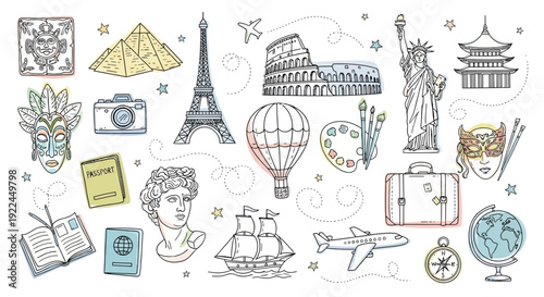 Hand Drawn Travel Icons and Landmarks.