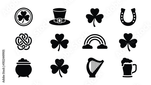 Collection of black irish themed icons including shamrocks leprechaun hat horseshoe celtic knot rainbow and beer mug on white background for st patrick's day designs