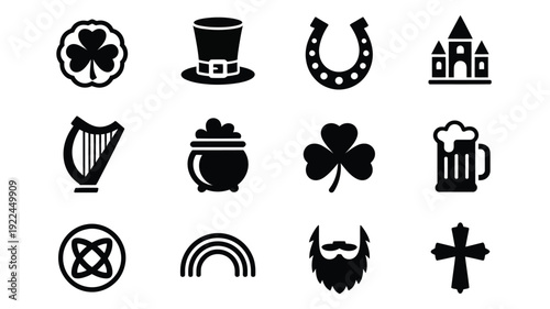 St patrick's day logo pack featuring shamrock leprechaun hat horseshoe castle harp pot of gold beer celtic knot rainbow beard and cross on white background