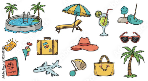 Collection of Cartoon Summer Vacation Travel Items.