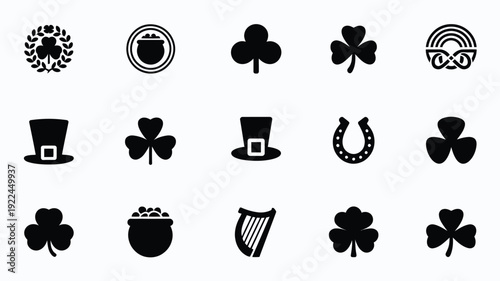 St patrick's day graphic design elements featuring shamrocks leprechaun hat pot of gold rainbow and irish symbols on white background