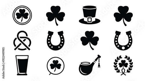 St patrick's day icons set including shamrocks horseshoes beer and hat on white background for luck and celebration