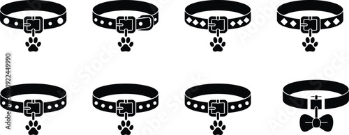 Dog collar silhouette illustration set featuring eight black designs with paw print tags and bowtie variations symbolizing pets, accessories, fashion, and animal care graphics