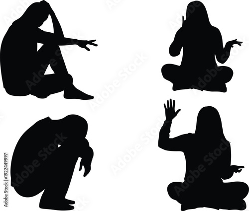 Diverse group silhouettes of people sitting on floor and crouching featuring expressive poses for mental health awareness sadness and meditation concepts flat vector illustration isolated.