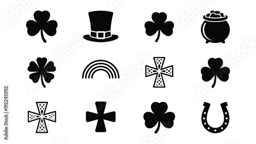 St patrick's day themed silhouettes with shamrocks pot of gold leprechaun hat rainbow and horseshoe on white background for luck and celebration