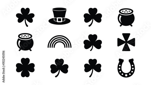 St patrick's day themed silhouettes including shamrocks pot of gold rainbow and irish hat on white background for luck and celebration