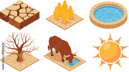 Drought illustration set featuring cracked soil, dry crops, leafless tree, cow drinking water, reservoir, and sun symbolizing agriculture, climate change, environment, and survival graphics