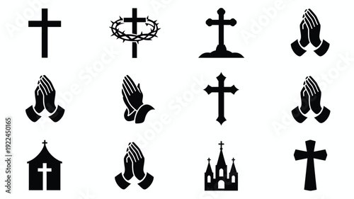 Professional grid layout displaying christian symbols including crosses praying hands and church silhouettes in black and white