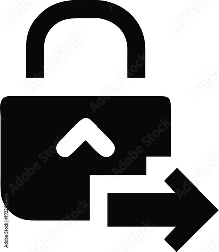 A stylized depiction of a padlock with an arrow pointing to the right