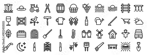 Vineyard management and organic farming linear icons. Professional monoline pictograms for viticulture, winemaking equipment, and sustainable agriculture branding.