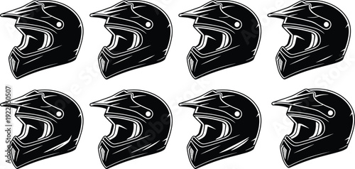 Motocross helmet illustration set featuring eight black‑and‑white off‑road motorcycle safety gear designs with visors, chin guards, and vents symbolizing racing, protection, and extreme sports