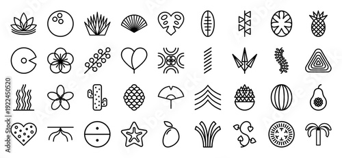 Botanical and organic nature symbols in minimalist monoline style. Abstract floral, fruit, and plant-based pictograms for sustainable branding and eco-conscious web design.