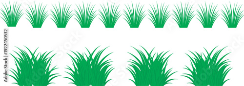 Green grass tufts and lush lawn patches set, isolated vector illustrations of garden plants, spring nature elements, and meadow landscaping borders.