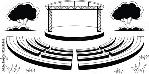 Outdoor amphitheater illustration featuring semi‑circular tiered seating, central stage with roof, columns, and park trees symbolizing architecture, performance, gathering, culture, and decorative gra