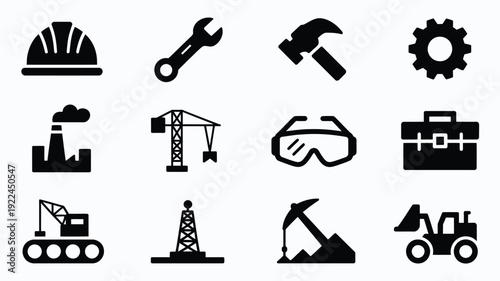 Industrial construction icons set including hard hat wrench hammer gear factory crane safety goggles briefcase bulldozer oil rig pickaxe and excavator on gray background for business