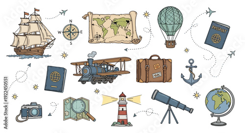 Vintage Travel Icons and Adventure Symbols.
