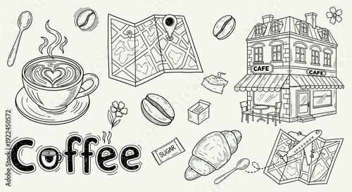 Coffee Shop Illustration with Coffee Cup and Map.