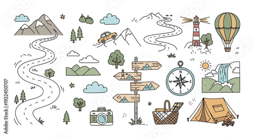 Travel Icons Set with Camping and Adventure.