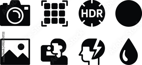 Photography icon set illustration featuring camera, grid, HDR, shutter, gallery, selfie, flash, and water resistance symbols representing digital photography, mobile apps, and creative graphics