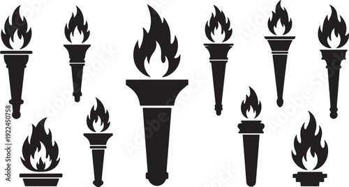 Set of black torch icons with flames on white