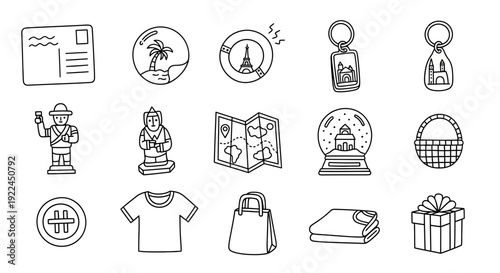 Collection of Simple Line Icons Representing Travel and Shopping.