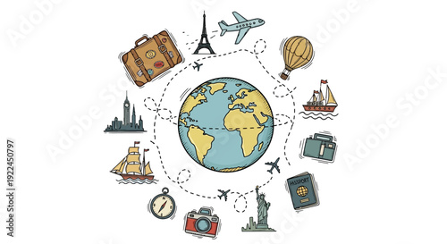 Globe Surrounded by Travel Icons and Landmarks.
