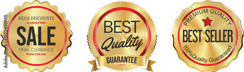 Three vintage-style badges showcasing sale, best quality, and best seller awards