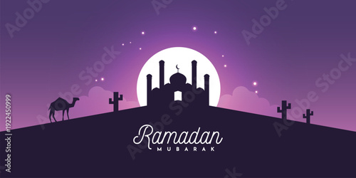 Ramadan Mubarak with night sky landsacpe background illustration template design