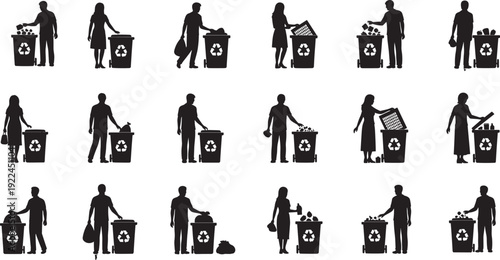 People recycling and throwing garbage in trash bins silhouettes set, environmental waste management, ecology conservation icons isolated on white background,