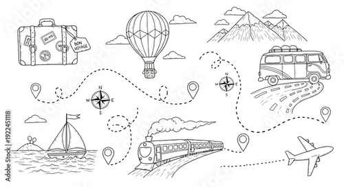 Travel icons with transportation modes illustration.